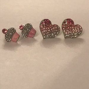 2 Pack Pink and Silver Heart and Cupcake Earrings